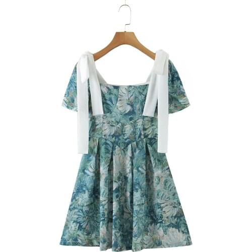 2021 Summer Autumn Short Sleeve Print Defined Waist A-line Mini Dress