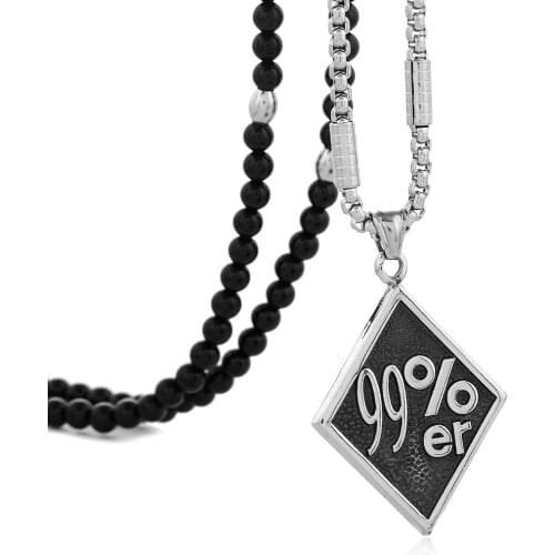 Mens Cool Stainless Steel 99%er Pendant Necklace with Black Natural Stone Necklace 27 inch Chain