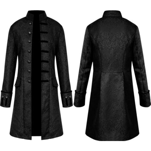 Men Coat Uniform Steam Punk Long Style Stand Collar Solid Retro Trench Show Clothing Halloween Party Costume