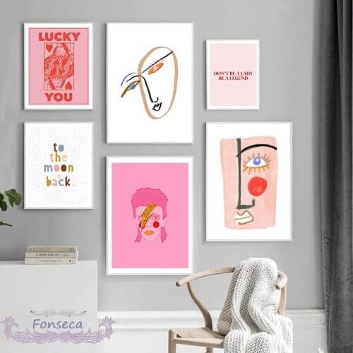 Nordic Pink Style Letter Lucky You Pictures Abstract Line Face Canvas Painting Wall Art Poster for Living Room Modern Home Decor