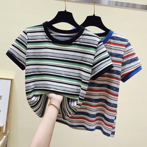 Summer New Cotton Stripe T-shirt Leisure Loose Top Female Korean Tee Shirt Femme Poleras Mujer De Moda 2021 Women Tops