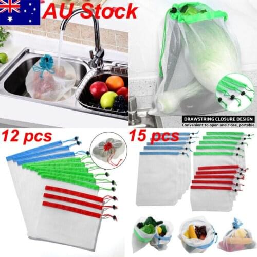 New Fashion 15 Pcs Reusable Produce Bags Black Rope Mesh Vegetable Fruit Toys Storage Pouch