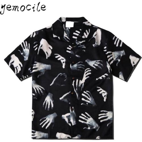 2020 Hi hop Harajuku Couples Wear Summer Casual Men Women Shirts Handprint terror Lapel Loose Short Sleeve Shirt StreetWear