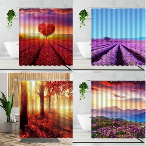 Autumn Scenery Red Love Tree Shower Curtain Romantic Purple Lavender Garden Bathroom Decor Waterproof Bath Curtains Set Washable