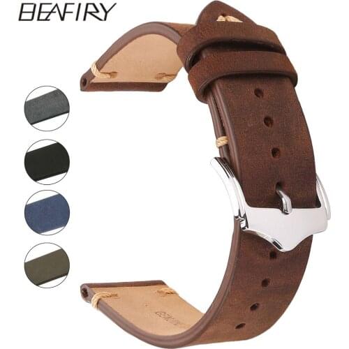 BEAFIRY Genuine Leather Watch Band 18mm 19mm 20mm 22mm Brown Blue Green Grey Black Crazy Horse Calfskin Leather Watch Straps