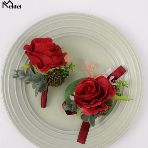Meldel Silk Flowers Red Wedding Wrist Corsage Bridesmaids Bracelet Groom Boutonniere Wedding Sister Hand Flowers Men Boutonniere