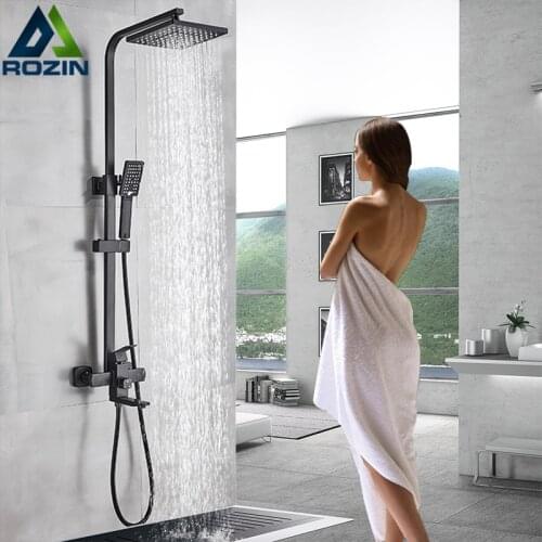 Matte Black Bathroom Shower Faucet 8" Rainfall Showerhead Shower Mixer Tap Brass Rotation Tub Spout 3-ways Handshower bath Mixer