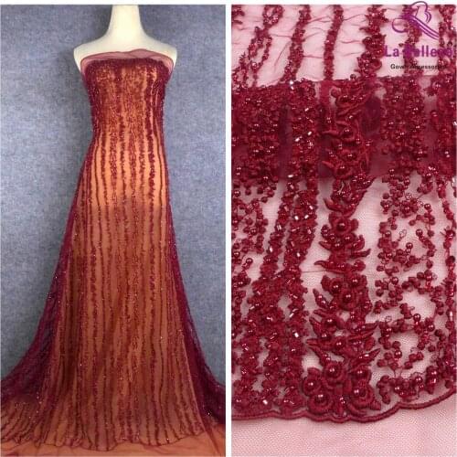 La Belleza 1 YARD heavy handmade beaded fabric 51" width wine wedding dress lace fabric
