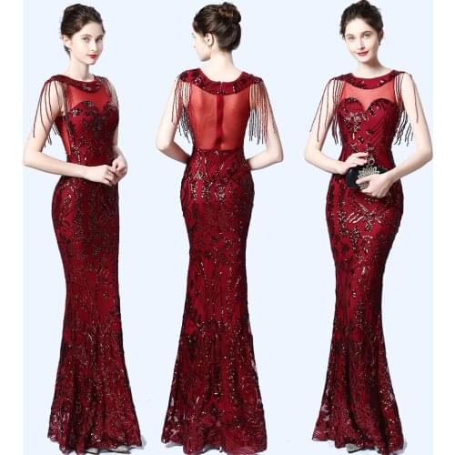 Tulle Sequins Embroidered Evening Dress O-neck Mermaid Prom Gown Floor-length Party Dress Elegant Formal Robe De Soriee XUCTHHC