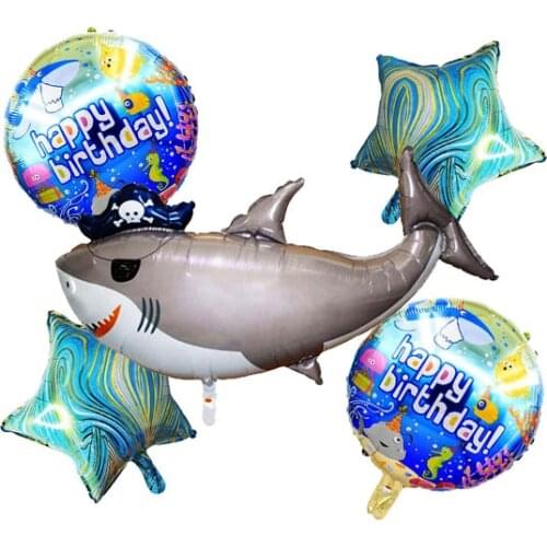 5 PCS Pirate Shark Balloons Kit 2 Pcs 18 Inch Birthday Shark Mylar Balloon & 2 Pcs 18 Inch Agate Star for Shark Theme Birthday