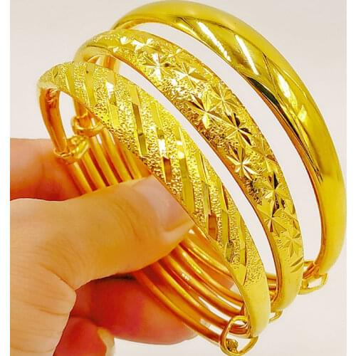 Yellow Gold GP Bangles For Women Star Wide Charm Bangle & Bracelet Wristband Pulseira Femme Vintage Jewelry Anniversary Gifts