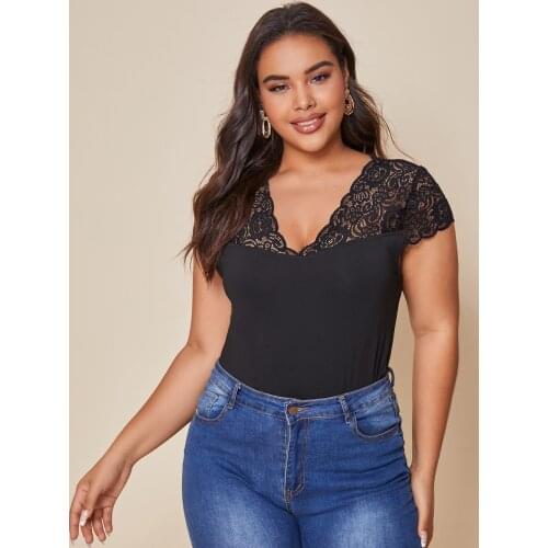 2021 summer new large womens solid color T-shirt pure cotton V-neck stitching lace