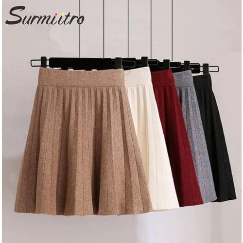 Surmiitro Knitted Pleated Mini Skirts Women 2021 Autumn Winter Casual Ladies Elastic High Waist Korean A Line Skirt Female