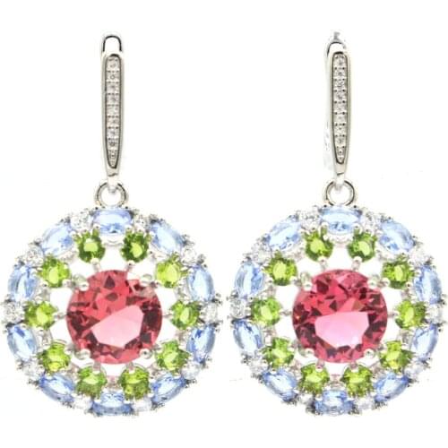 22x20mm SheCrown Deluxe Created Pink Tourmaline White CZ Party Womans Silver Earrings