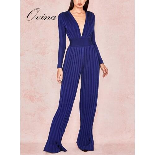 New Arrival Royal Blue V-Neck Boot Cut Bodycon Celebrity Women Rompers Bandage Jumpsuit Party Clothing