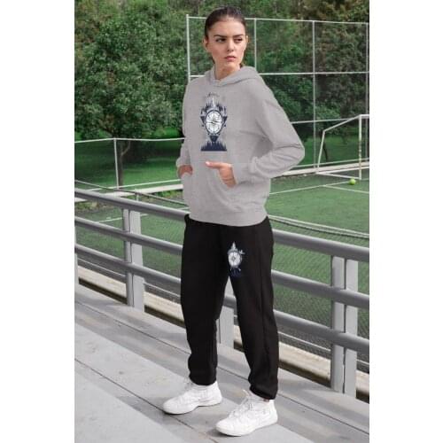 Angemiel Wear Cosmic Compass Mountain And Stars Women Tracksuit Set Gray Hooded Sweatshirt Black Sweatpants