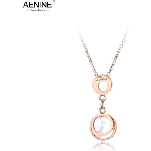 AENINE Stainless Steel Jewelry Love Letter Pendant White Shell Circle Rose Gold Color Necklace For Women Girls Collier AN18077