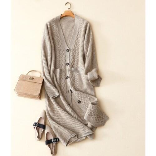 100% pure cashmere buttons cardigan long women cable knitted winter coat
