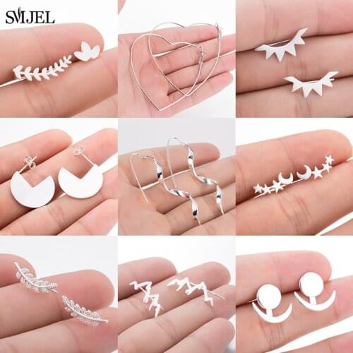 SMJEL Bohemian Fashion Earings Jewelry Wave Geometric Round Stud Earrings for Women Star Mountain Leaf Earing Ear Climber Girls