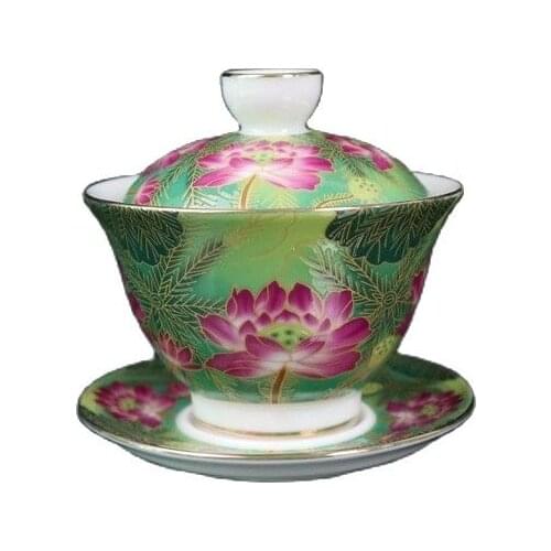 Chinese old porcelain Cover bowl with lotus flower pattern in gold and pastel colors Chinese Tea Bowl