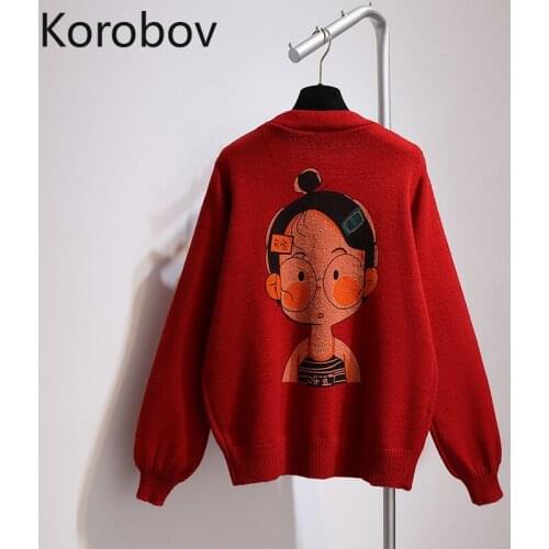 Korobov Korean Cartoon Print Kawaii Cardigans Preppy Style V Neck Long Sleeve Cardigan 2021 New Autumn Japanese Sweater