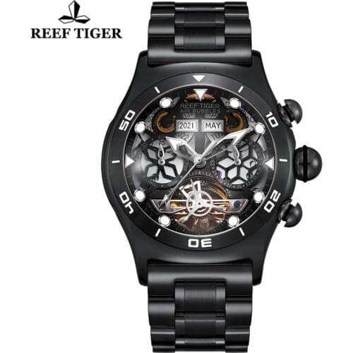 Reef Tiger/RT Brand Sport Watch For Men Skeleton Automatic Watch Luminous Year Month Date Day All Black Steel Bracelet Watches