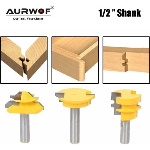 LAVIE 3pcs 12mm 1/2" Shank Tenon Router Bits Set Drawer Molding 45 Degree Lock Miter Bit Glue Joint Wood Milling Cutter MC03130