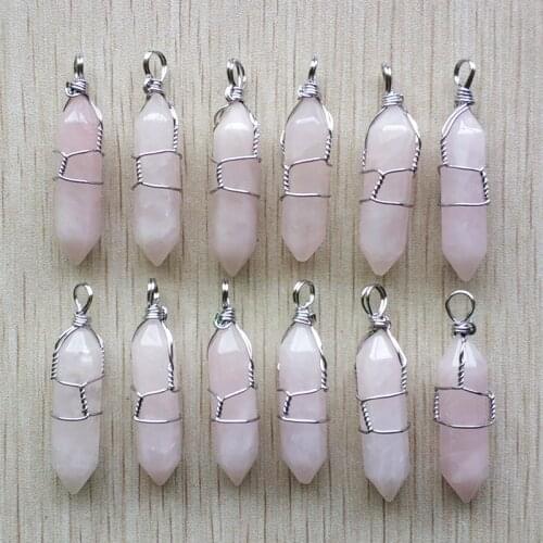 Wholesale 12pcs/lot natural stone pink pillar shape point handmade iron wire pendants for jewelry making free shipping