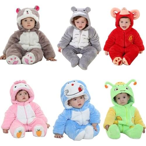 Autumn Girls Boys Cartoon Animal Romper 0-3 Years Baby Clothes Flannel Jumpsuit Warm Climb Hooded Romper Mobile Phone Straps
