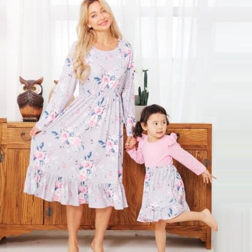 Family Set Flower Mommy and Me Clothes Long Sleeve Women Girls Mom Baby Dress Outfits Spring Mother Daughter Macthing Dresses