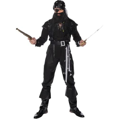Plus Size Mens Scary Evil Black Pirate Costume Halloween Cool Handsome Cosplay Pirate Costume