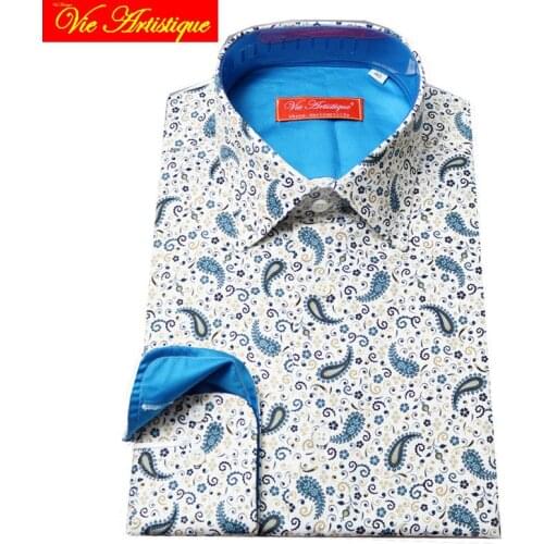Custom tailor made women Mens bespoke cotton floral shirts business formal wedding ware blouse white print blue paisley flower