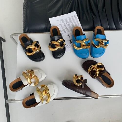 Termainoov Women Slipper New Chain Slip On Mules Shoes Round Toe Low Heels Casual Fashion Slides Flip Flop Flats Women Sandal