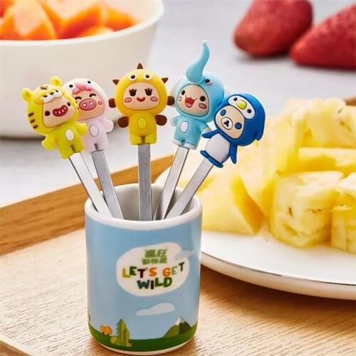 5PCS/Set Christmas Cute Cartoon Animals Fork Stainless Steel Stirring Fruit Fork Dessert Coffee Ceramic Handle Party Supplies