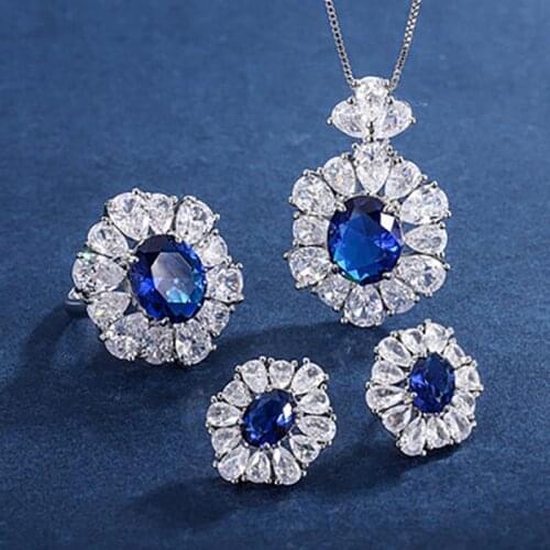 Vintage 925 Sterling Silver Sapphire Gemstone Jewelry Sets Luxury High Carbon Diamond Ring Earrings Necklace Pendant For Women