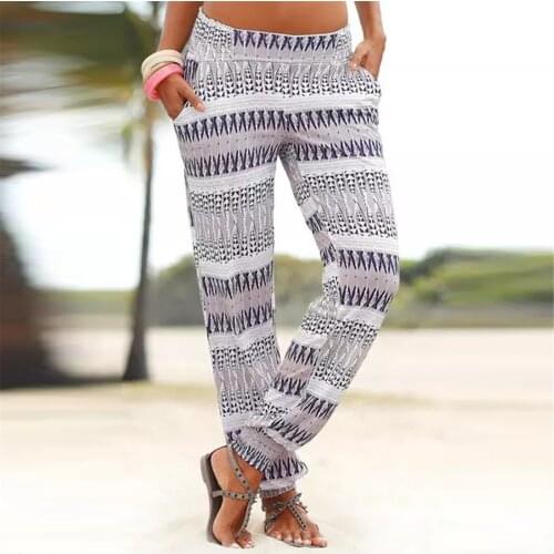 Vintage Women High Waist Pants Ethnic Print Bohemian Easy Trousers Long Pants Boho Beach Pockets Wide Leg Pant Sweatpants New