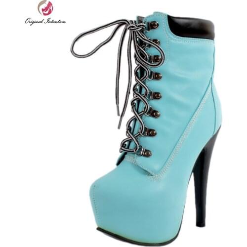 Original Intention Elegant Women Ankle Boots Fashion Round Toe Thin Heel Boots Popular Blue Shoes Woman Plus US Size 4-15