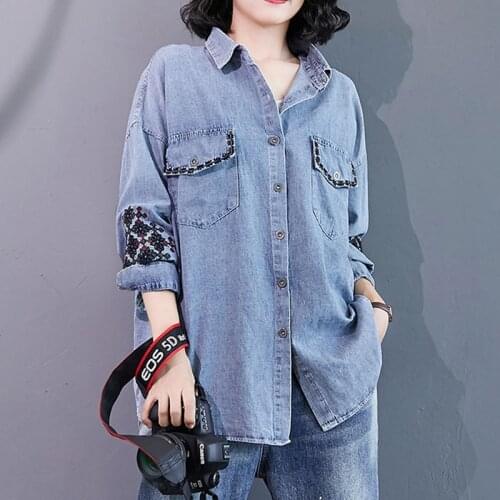 Spring Korean 2021 New Embroidered Denim Shirts And Tops Female Loose Plus Size Long Sleeve Shirt Jacket Casual Autumn Clothes