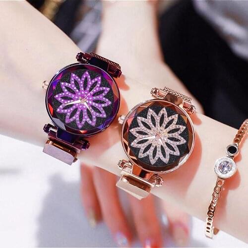 Hot Sale Women Magnet Buckle Starry Sky Flower Watch Luxury Stainless Steel Quartz Watch Clock Dropshipping