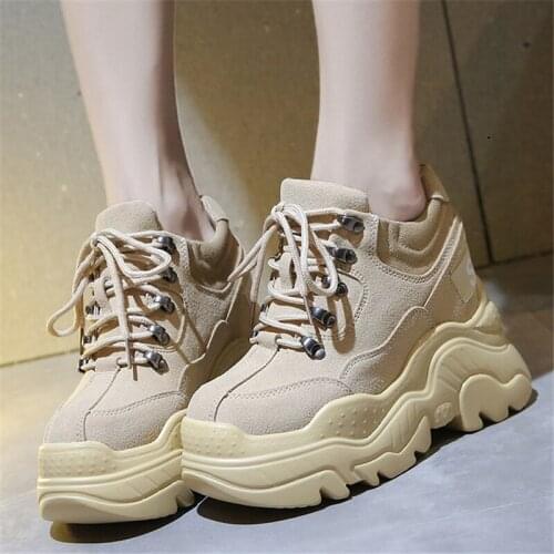 Women Chunky Sneakers 10cm Hidden Heels Height Increasing Ladies Wedge Shoes Black Brown Faux Suede High Top Platform Footwear