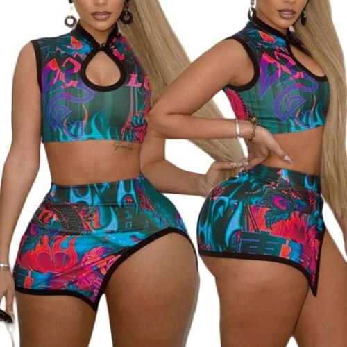 2Pcs Women Summer Outfit, Sexy Irregular Print Mandarin Collar Sleeveless Crop Tops + High-Waist Skirt for Girls Club Wear