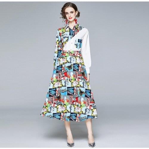 Fashion Designer Elegant Print Suit Set Womens Long Sleeve Shirts Top + Hight waist Skirt Female Autumn Casual 2 Piece Set