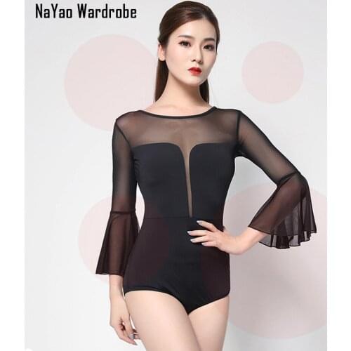 2021 L2020184 Women Latin Dance Bodysuit Bare V Back Lotus Sleeve Latin Dancing Tops for Samba Tango Chacha Belly Performamnce