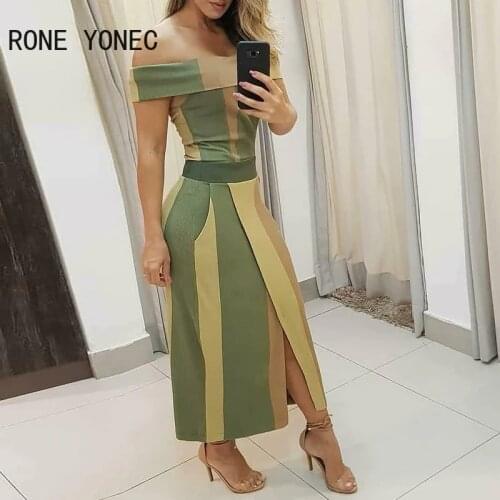 Women Elegant Dress Colorblock Off Shoulder High Slit Maxi Dress Summer Dress 2021