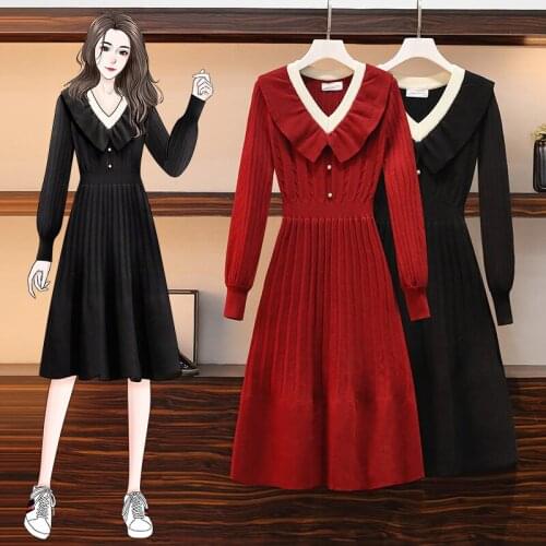 EHQAXIN Plus Size Womens Knitted Dress Fall Winter 2021 Elegant Fashion Loose V-Neck Contrast Button A-Line Sweater Dress L-4XL