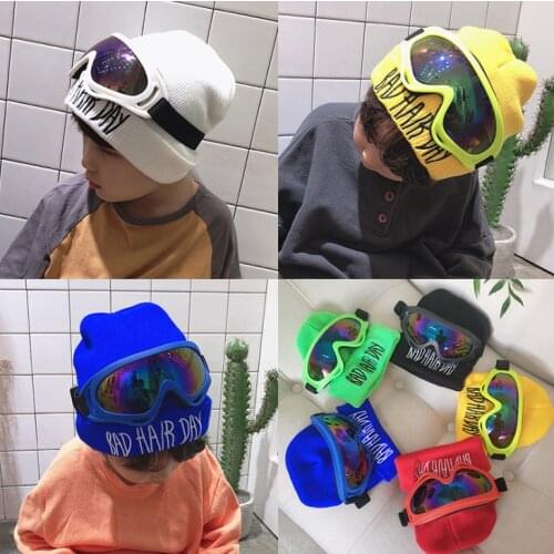Winter childrens woolen hats for boys and girls with colored letters and velvet ski warm hat sunglasses ear protection headgear