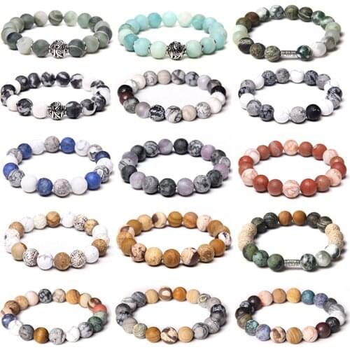 10mm Beads Bracelets for Women Men Alloy Ball Charm Mixed Agates Turquoises Natural Stone Bangles Jewelry Meditation Bracelet