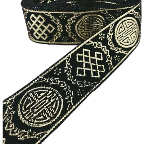 33MM Woven Jacquard Ribbon Gold Geometric Pattern Ethnic Embroidery Webbing Lace Trim For Curtain Clothing Bag DIY Farbic