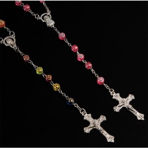 6mm long crystal color printing beads round rose rosary necklace mixed color holy rose and Lourdes medal necklace