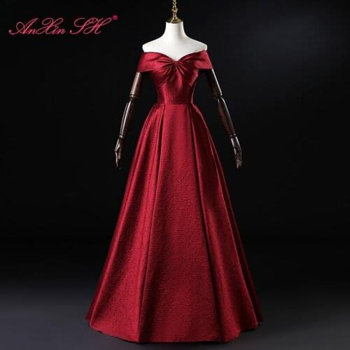 AXJFU princess wine red satin evening Dress vintage party boat neck bride performance big bow win red long evening dress